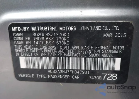 2015 Mitsubishi Mirage De из США, поврежденный, VIN ML32A3HJ3FH047931